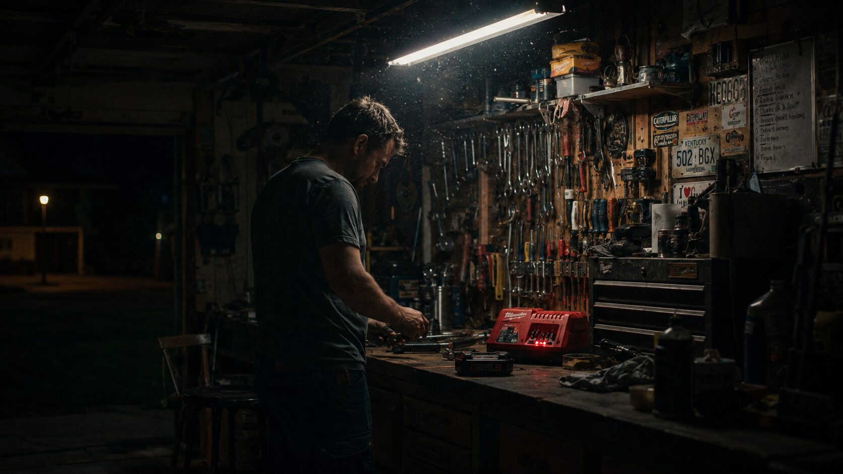 A dad works under a bright garage light at night.
